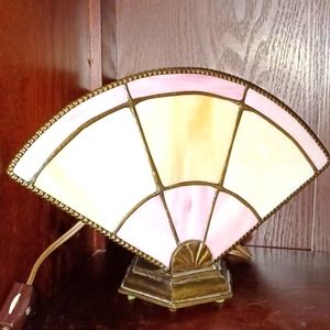 Vintage Victorian Fan Lamp Metal & Glass Art Tiffany Style Pink and White